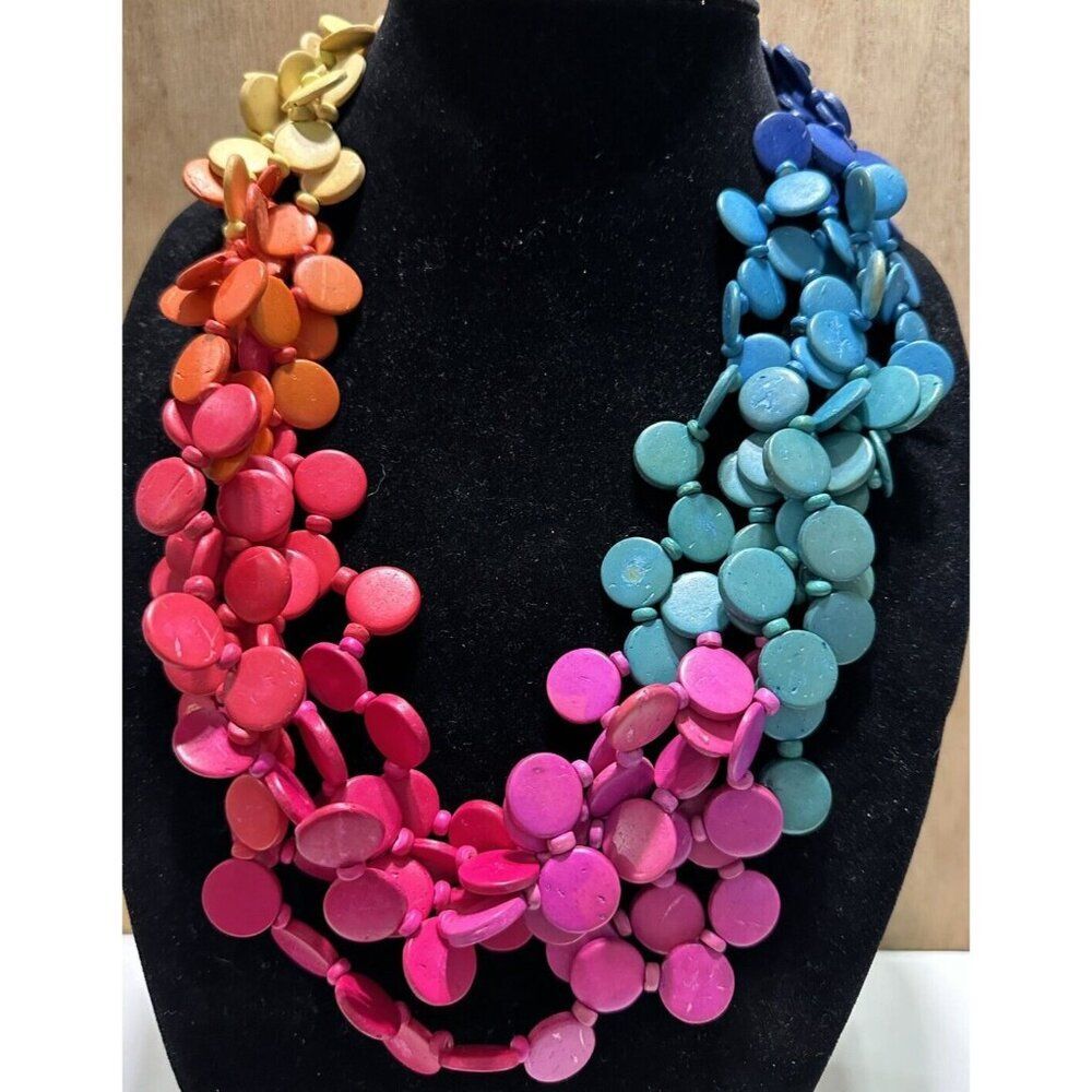 Vintage 25” L Wood Boho Bohemian Beaded Statement Necklace Rainbow Ombré